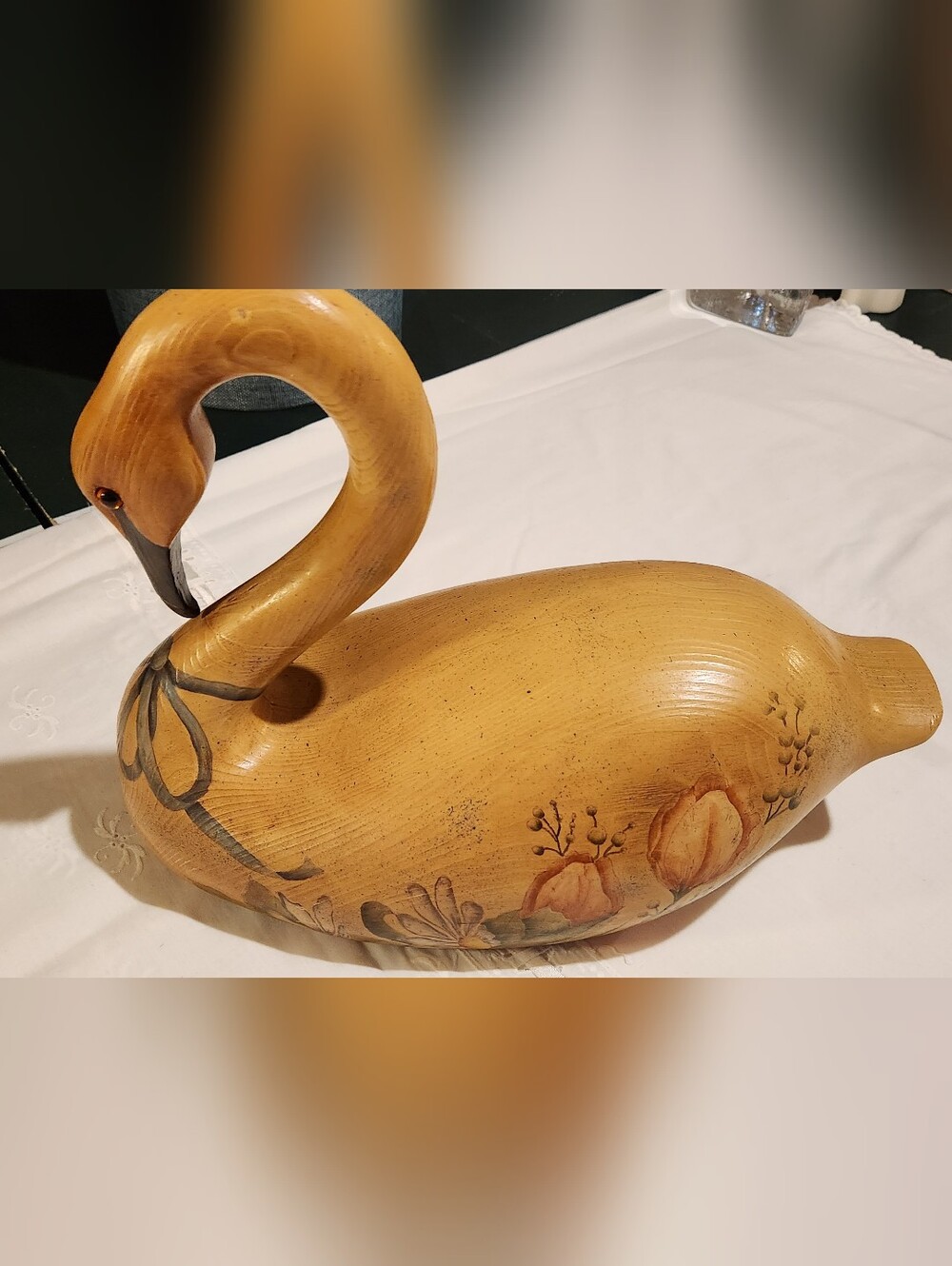 Vintage Hand-Painted Wooden Swan Figurine in Warm Honey-Tone